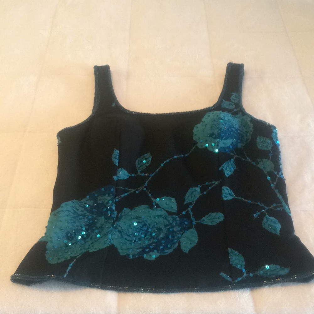 Sean Collection black silk beaded sequins tank top